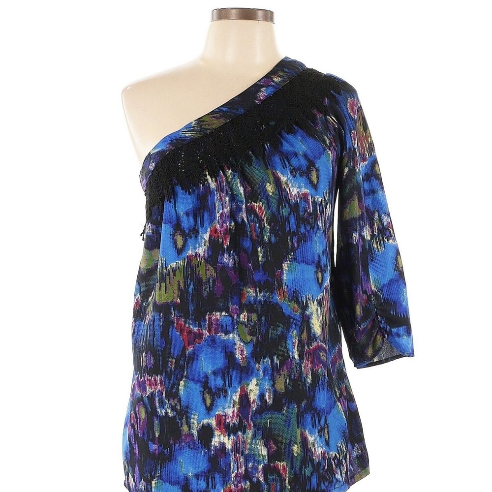Angie Blouse Women L Blue Ikat One Shoulder Boho Chic Asymmetrical Top 3/4 Slv